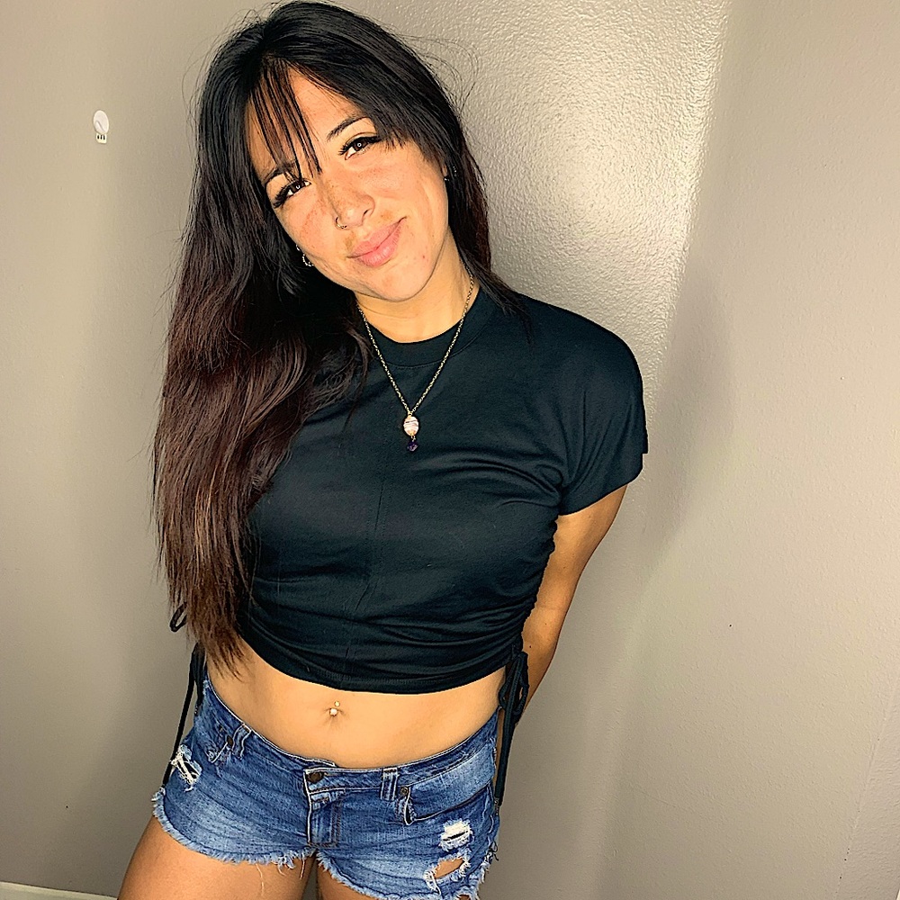 Drawstring Solid Black crop tee